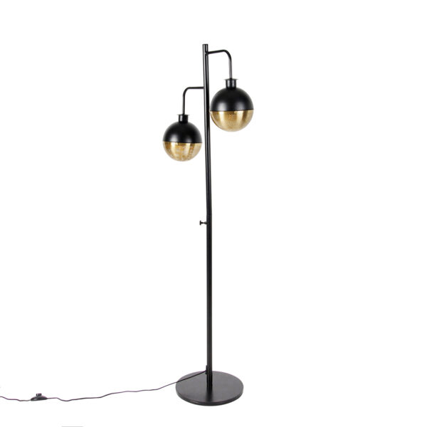 Industrial floor lamp black with brass 2 lights - Haicha