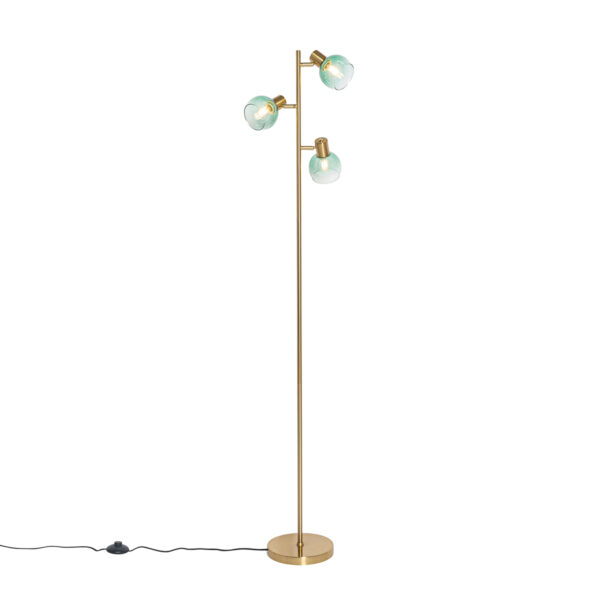 Art Deco floor lamp gold with green glass 3 lights - Vidro