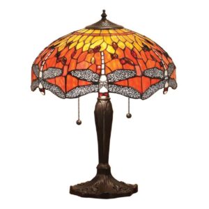 Interiors 1900 64093 Dragonfly Flame Tiffany Medium 2 Light Table Lamp In Bronze With Shade