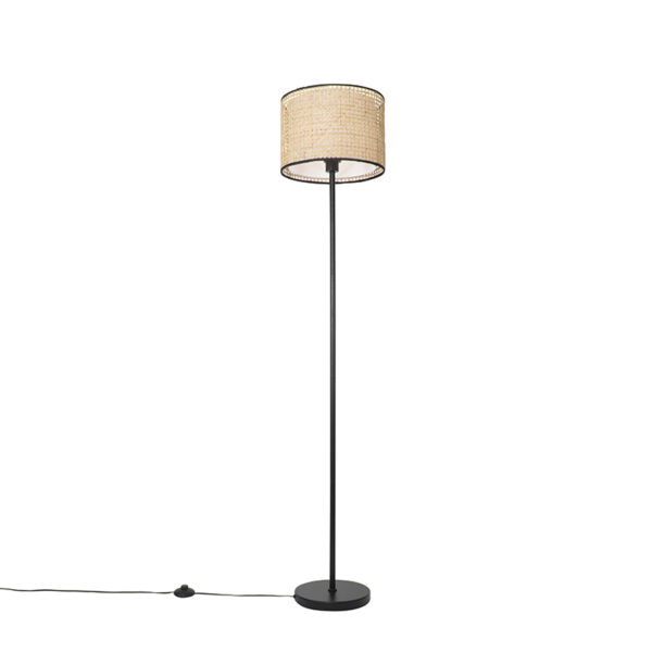 Country floor lamp black with rattan shade - Kata