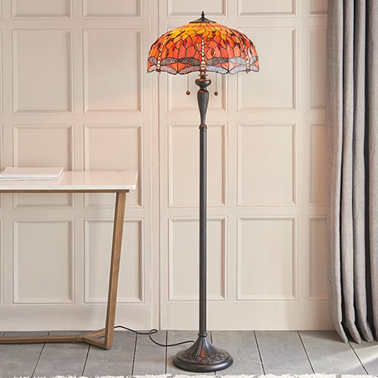 Dragonfly Flame Tiffany Glass Floor Lamp In Dark Bronze