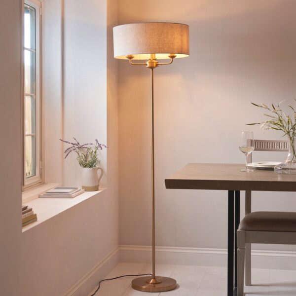 Endon 110724 Highclere 3 Light Floor Lamp In Vintage Brass With Natural Linen Shade