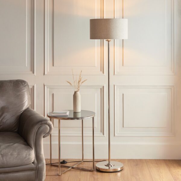 Endon 112232 Highclere Floor Lamp In Brushed Chrome Finish With Natural Linen Shade