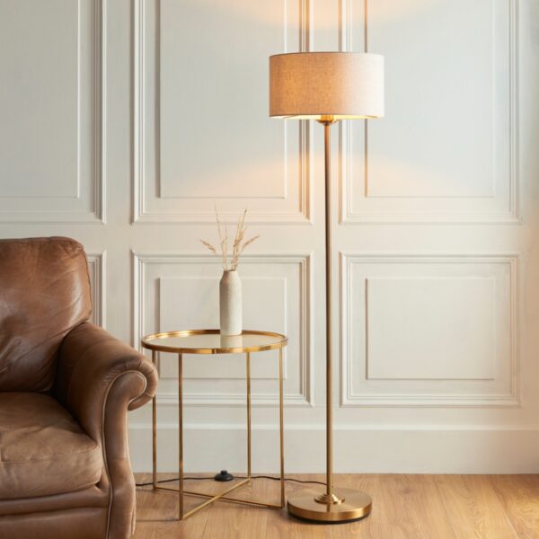 Endon 113461 Highclere Floor Lamp In Vintage Brass With Natural Linen Shade