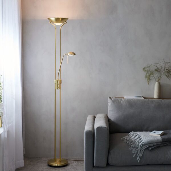 Endon Rome LED Mother And Child Floor Lamp In Satin Brass Finish