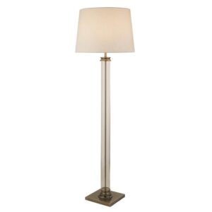 Pedestal White Fabric Shade Floor Lamp In Antique Brass